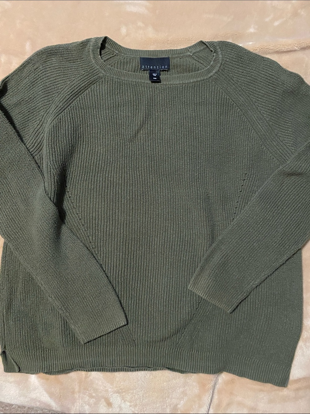 attention Olive Green Ribbed Crewneck Sweater